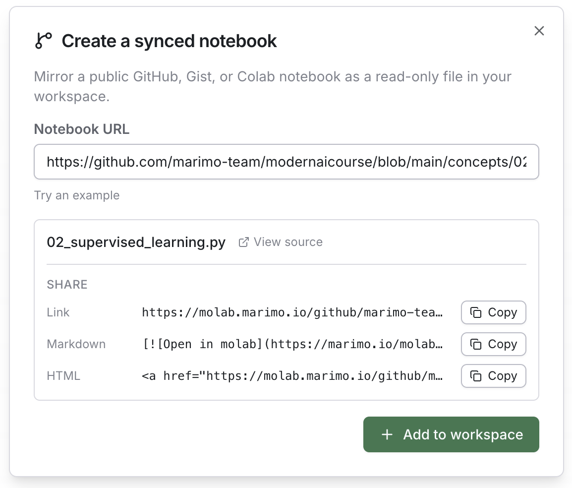 Screenshot of a synced molab notebook showing sharing links and an open-in-molab badge snippet